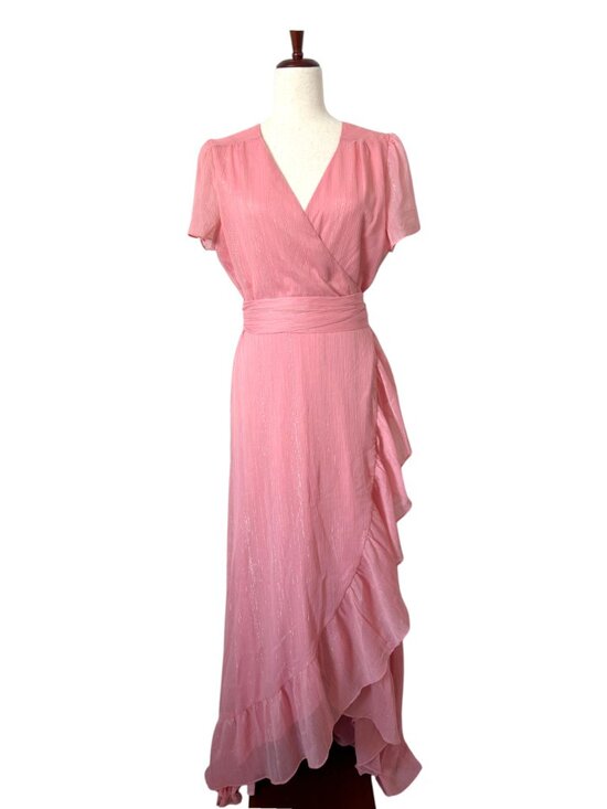 Wayf Dresses & Skirts - WAYF Wrap Maxi Dress Blush Pink Shimmer Ruffle Flutter Sleeve Womens Large L